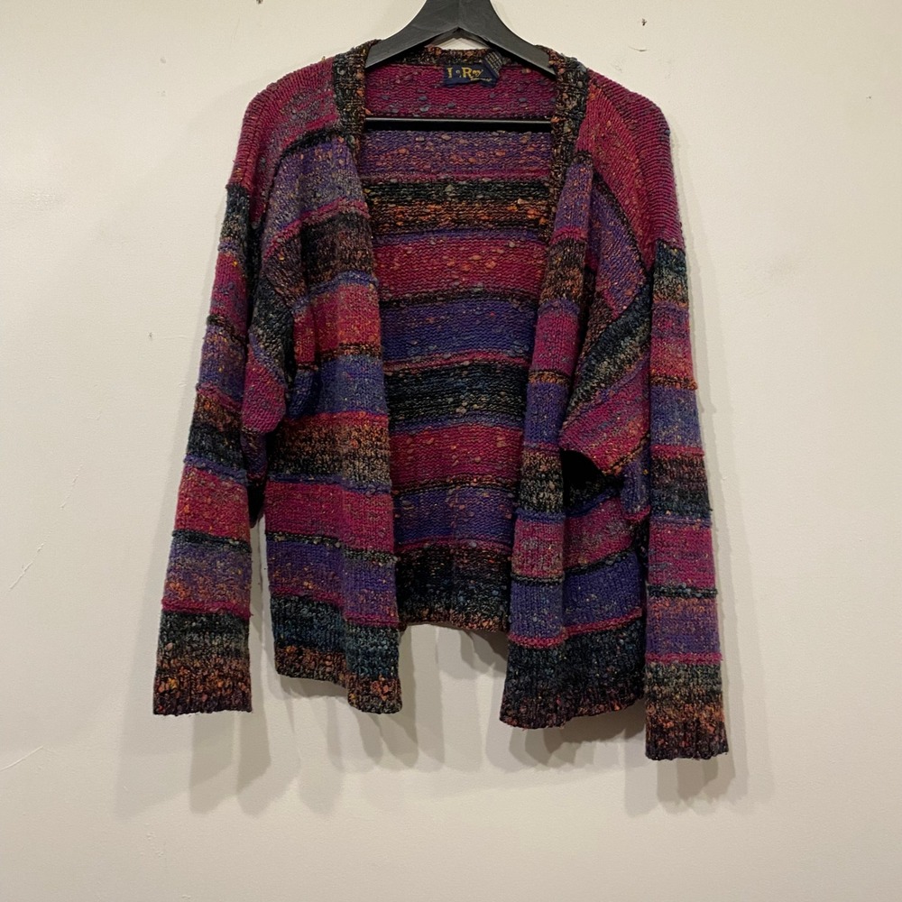 Vintage LeRoy Multi Color Striped Knit Cardigan Sweater XL Open Front Boho Slub